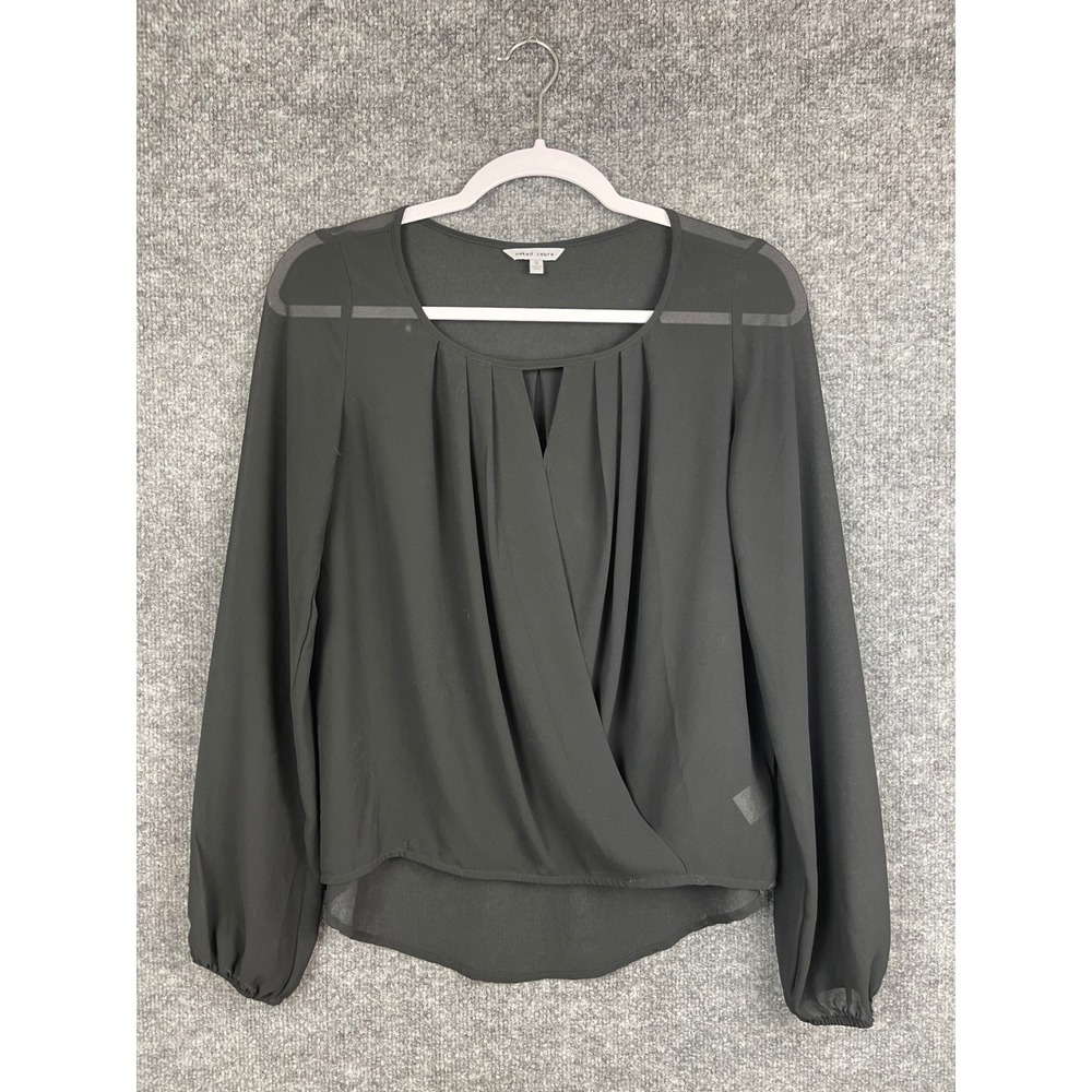 Naked Zebra Blouse Women S Black Good Sheer‎ Yoke Surplice Pleated